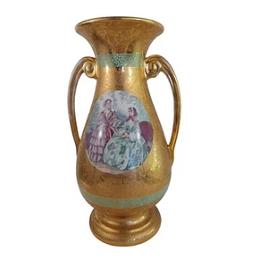 Large 2 Handle 24k Gold Vase LeMeux China USA 13.5" T x 5.5" Base Colonial Vtg - Picture 1 of 12