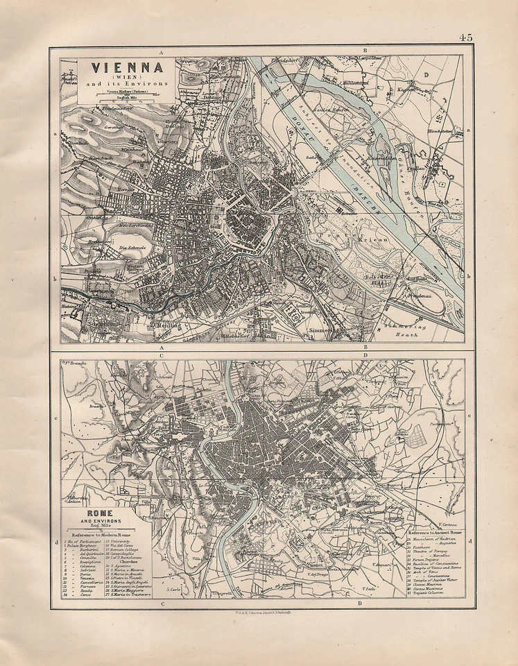 1914 MAP ~ VIENNA WIEN ENVIRONS ~ ROME ~ PUBLIC BUILDINGS & ANCIENT - Image 1 of 1