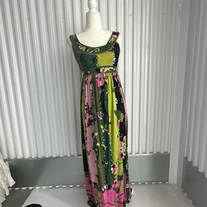 Vtg 1960s Emilio Pucci Mossy Green & Pink Floral Print Silk Evening Dress | Sz 8 - Picture 1 of 16