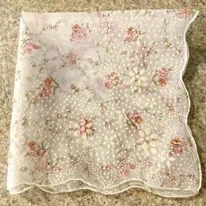 Rosa Blumen beflockt überbacken Nylon Vintage Taschentuch Taschentuch - Original Etikett - Bild 1 von 3