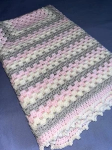Handmade. Crochet Baby Blanket. Girl. Pink, Gray, White. 30”x30” - Picture 1 of 14
