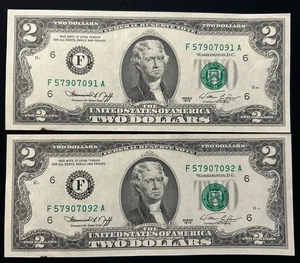 (2)1976 (UNC)-$2 Consecutive Numbered Atlanta Federal Reserve Star Notes-A131 - Picture 1 of 2