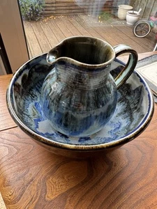 Dick & Barbara Wright Gosforth Studio Pottery Blue Glaze Jug & Bowl Gosforth - Picture 1 of 12