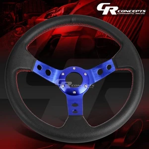 345MM 3" DEEP DISH 6 HOLE BLUE SPORT STEERING WHEEL RED STITCHING+HORN BUTTON - Foto 1 di 4