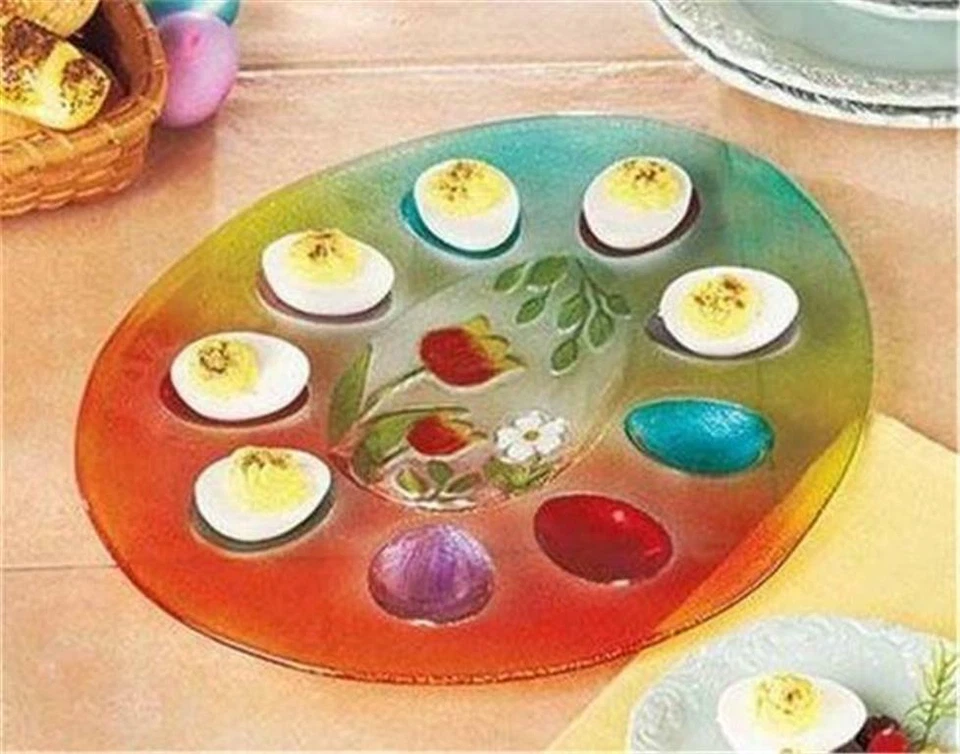 HERMOSA BANDEJA DE HUEVOS 9 HUEVOS DE VIDRIO PARA ILUSTRACIONES FLORALES EN RELIEVE BANDEJA PLATO Foto 1 de 1
