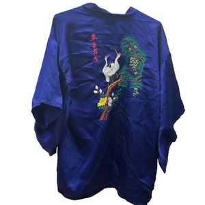 Vtg Silk Asian Embroidered Hand Kimono Robe birds Flowers Cranes Storks - Picture 1 of 18