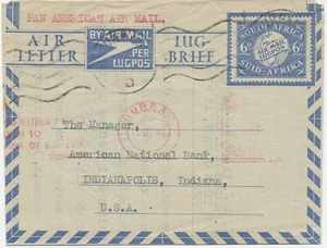 SOUTH AFRICA 1949, 6d AIR LETTER VF EARLY AFTER WAR AIRMAIL to INDIANAPOLIS, USA - Picture 1 of 2