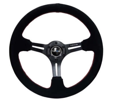 NRG Reinforced Steering Wheel (350mm / 3in. Deep) Blk Suede w/Red Stitching & 5m - Image 1 of 3