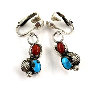 GM Navajo Artist Signed Vintage Sterling Silver Turquoise Coral Feather Earrings - Picture 1 of 8