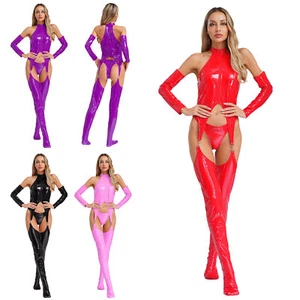 Mujeres Body Suave Traje de Gato Lencería Metálica PU Mamelucos Halter Trajes Brillante - Imagen 1 de 61