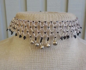 Netted Weave Beaded Adjustable Choker Necklace in Pale Pink Black Silver Bells - Picture 1 of 9