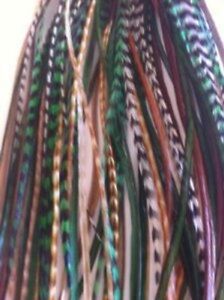 6-12 inch Green, Brown, Grizzly Remix 100% Real Hair 5 Feather Extensions bonded