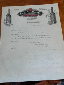 1913 Bakersfield CA Gunther Whiskey Liquor advertising Letter graphic bottle - Picture 1 of 2