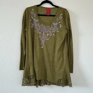 V Christina Embroidered Floral Rhinestones Mixed Media Blouse Women’s L Green - Picture 1 of 9