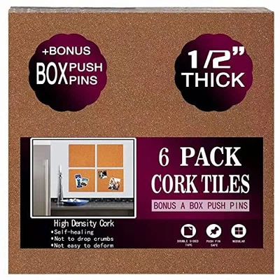 Cork Board Tiles 12x12 - 1/2 Thick - 6 Pack Cork Tiles - Bulletin Board - Min... - Image 1 of 4