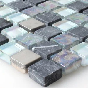 Muster Glas Naturstein Marmor Mosaikfliesen Picasso Grau Schwarz Perlmutt Effekt - Bild 1 von 4