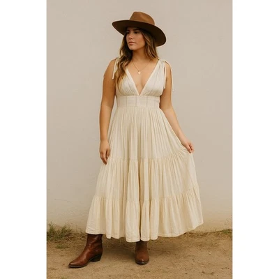 Free People Maxi Dress Womens 6 Sleeveless Cream White Striped Tie Strap Boho - Image 1 of 4