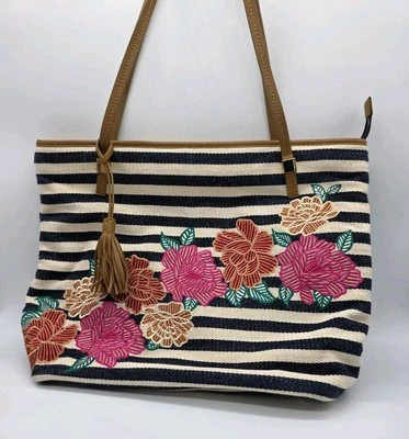 Bolso de Hombro Grande Chico's Negro Crema Rayas Vibrante Floral Bordado Foto 1 de 4