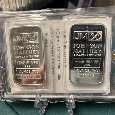 Lote de 2 barras de plata fina .999 Johnson Matthey - 1 onza Foto 1 de 2