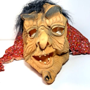 Scary Mask With Wig And Scarf Halloween Old Crone Woman Vtg - Picture 1 of 14
