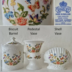 Aynsley Made in England COTTAGE GARDEN Biscuit Barrel +Pedestal Vase +Shell Vase - Picture 1 of 22