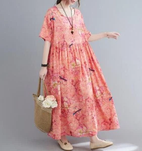 Womens New Fashion Summer Round Collar Short Sleeve Loose Flowers Printed Dress - Picture 1 of 11