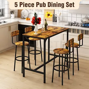 5PCS Bar Table Set 4 Stools Chairs Kitchen Dining Breakfast Home Bistro Pub - Picture 1 of 9
