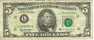 1995 5$ FRN - Small portrait w/ security thread - MEW/RER L12269962G - #15323 - Picture 1 of 2