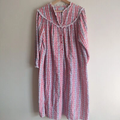 Lanz Of Salzburg Floral Stripe Flannel Nightgown M Red Hearts Classic Nightie - Image 1 of 4