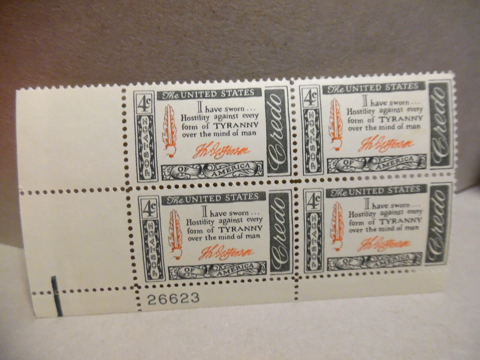 SCOTT STAMP # 1141 JEFFERSON CREDO 4 CENT PLATE BLOCK - MNH - Image 1 of 1