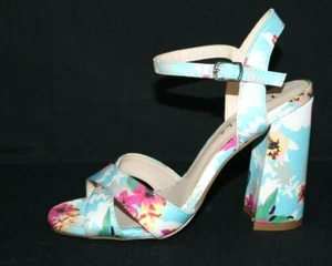N by Nicole Miller Size 5.5M Barbara Light Blue Floral Block Heel Cloth Sandals - Picture 1 of 11
