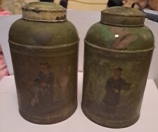 Fine Pair 19th C Antique Green Japanned Tin Tea Cannisters With Mandarins