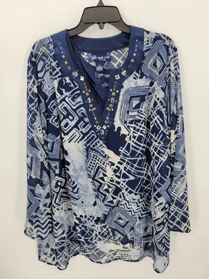 Susan Graver Top Womens Plus 2X Blue Geometric Beaded Neckline Artsy Tank Liner - Image 1 of 4