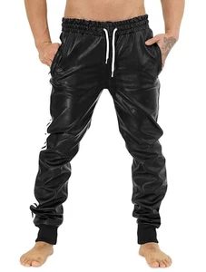 Trainingshose Herren Lammfell schwarz Echtleder mit Streifen Jogginghose - Bild 1 von 4
