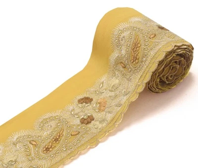 Sushila Vintage Mustard Saree Border Embroidered Craft Sewing Trim Lace Ribbon - Image 1 of 4
