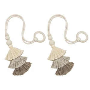 Set Of 2 Beige Curtain Tiebacks Hand Woven With Tassels Pendant Hanging Bind - Picture 1 of 8