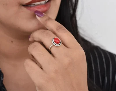 925 Sterling Silver Coral Gemstone Ring Handmade Promise Ring All Size SR731 - Image 1 of 4