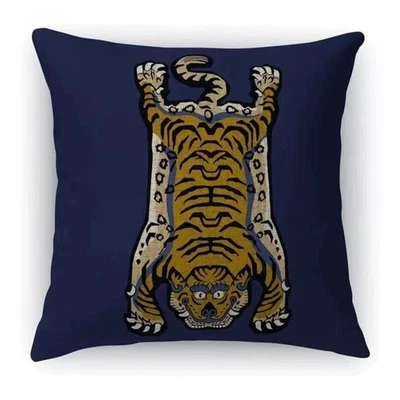 Tiger Tibetan Running Pillow Navy Yellow 16"x16" Square Accent Throw Pillow NEW - Image 1 of 4