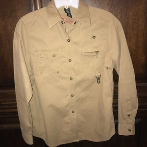 Ralph Lauren Dry Goods Maine Womens Small Khaki Sport Fishing Shirt Elbow Patch - Picture 1 of 6