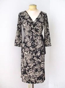 LOFT Petites Black Beige Floral Stretchy Poly Knit True Wrap Career Dress 4P - Picture 1 of 5