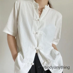 Damen Retro chinesischer Froschknopf Hanfu Shirt ethnisch Tai Chi Top kurzärmelig Basic - Bild 1 von 9