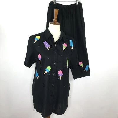 Quacker Factory 2pc Capri Tunic Set Black Linen Blend Ice Cream Popsicle Small - Image 1 of 4