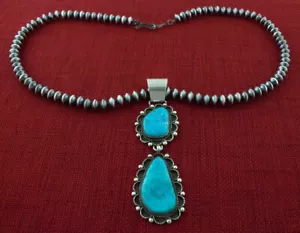 Sterling Silver Bead Necklace With Natural Birdseye Kingman Turquoise Pendant - Picture 1 of 4