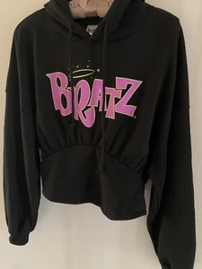 New M Bratz Dolls Hooded Sweatshirt Gathered Crop Pink Angel Logo Y2K Hoodie - Picture 1 of 7