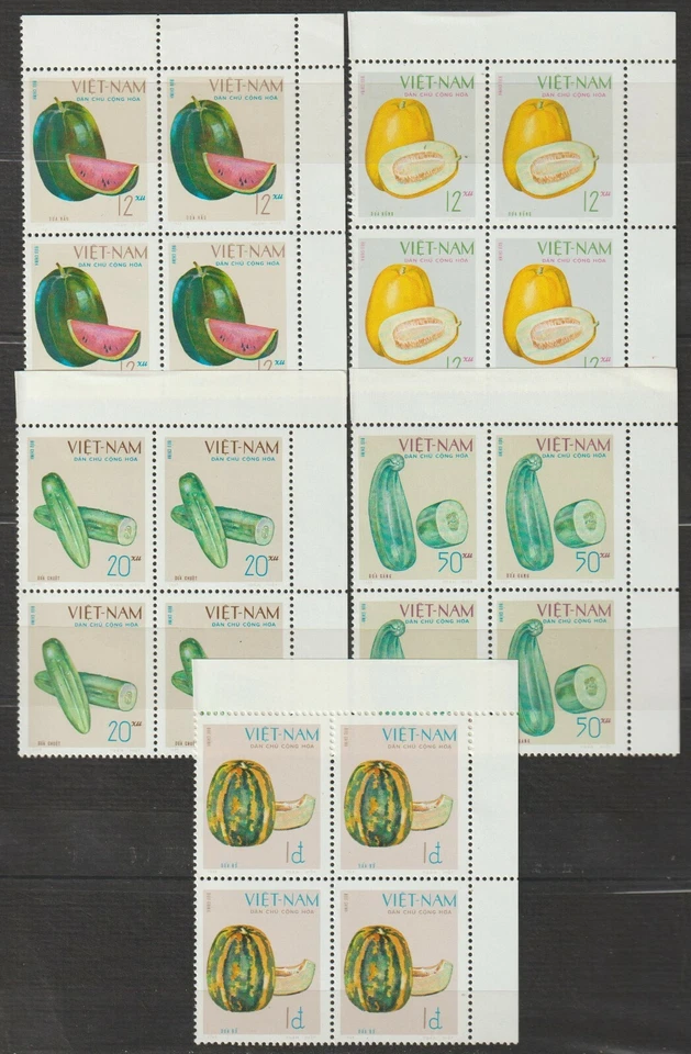 1970 Vietnam Stamps Block 4 Fruits and Vegetables  Sc # 590 - 594 MNH   - Image 1 of 1