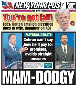 MAMDODGY ZOHRAN CUOMO DEBATE JOHN BOLTON INDICTED ACE FREHLEY NY POST 10/17 2025 - Picture 1 of 2