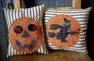 Primitive Pumpkin AND Witch Pillow Handmade Rustic Halloween Fall Decor - Picture 1 of 11