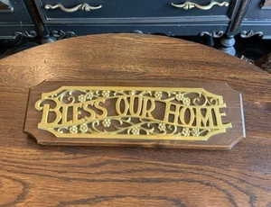 Vintage Bless Our Home Plaque Brass Toned Cast Metal On Solid Wood 17×5 - Picture 1 of 14