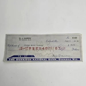 Fisher Motor Company Oshkosh WI cheque cancelado 1944 Oshkosh National Bank - Imagen 1 de 6