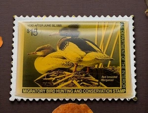 Prendedor de solapa de sello de caza y conservación de aves migratorias Merganser de pecho rojo - Imagen 1 de 7